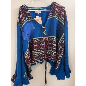 NWT Kantha Bae Bell Sleeve Butterfly Top long sleeve blue cinch blouse boho silk
